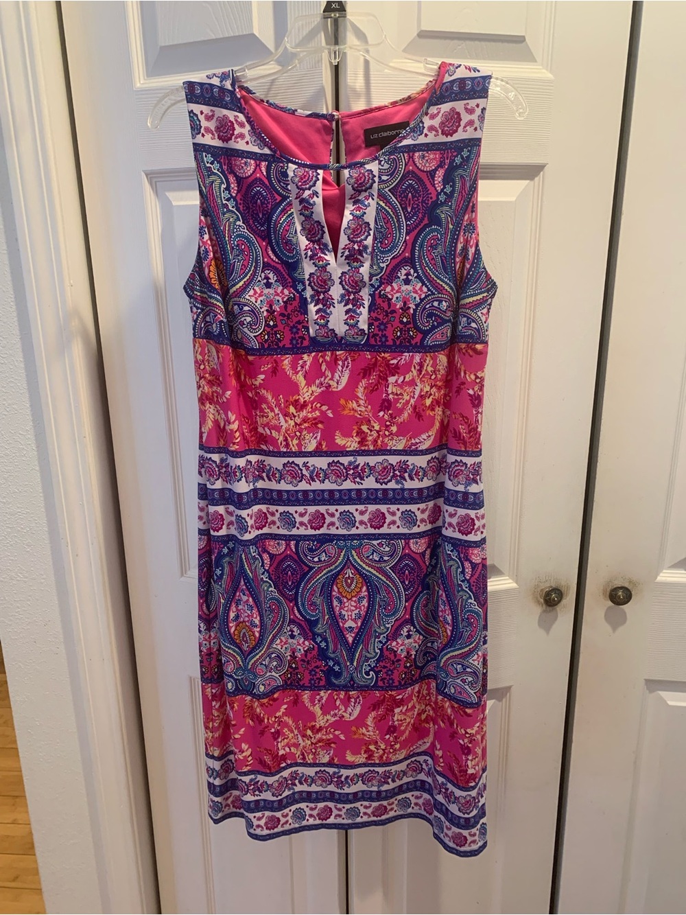 Liz Claiborne Pink and Blue Paisley Sleeveless Dress with keyhole back. Size 12.